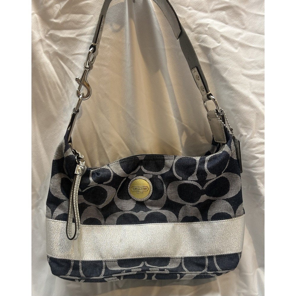 Coach Canvas Handbag Blue Silver E-1163 #F17434 Satchel Signature C Y2K
